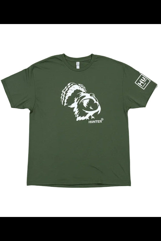 Green t-shirt with a white graphic design on front and Hu icon on left sleeve